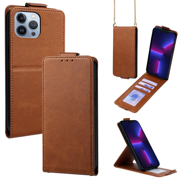 

For iPhone 13 Pro Max Vertical Flip Cover Solid Color Vegan Leather Phone Case with Crossbody Chain(Brown)
