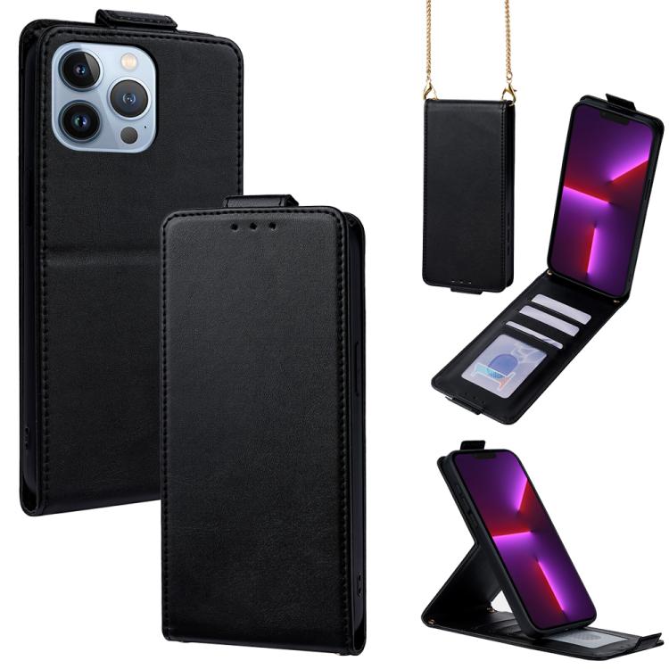 

For iPhone 13 Pro Vertical Flip Cover Solid Color Vegan Leather Phone Case with Crossbody Chain(Black)