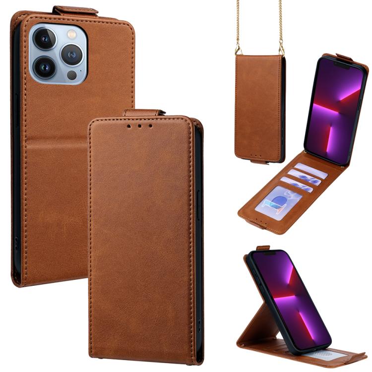 

For iPhone 13 Pro Vertical Flip Cover Solid Color Vegan Leather Phone Case with Crossbody Chain(Brown)