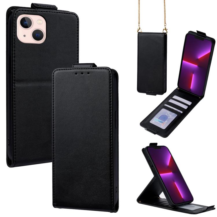 

For iPhone 13 Vertical Flip Cover Solid Color Vegan Leather Phone Case with Crossbody Chain(Black)
