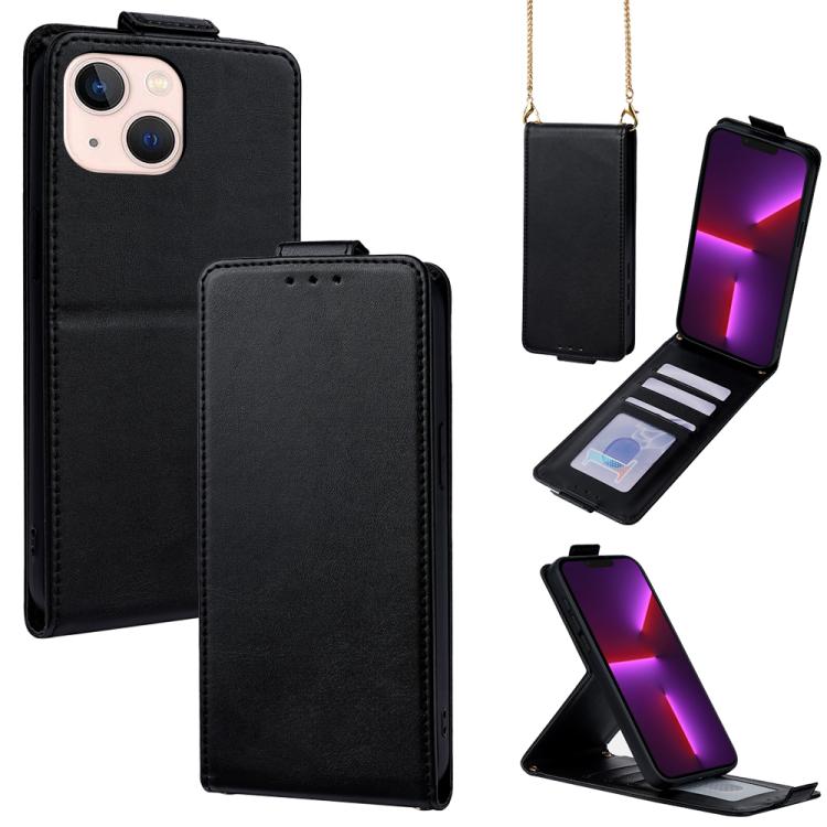 

For iPhone 13 mini Vertical Flip Cover Solid Color Vegan Leather Phone Case with Crossbody Chain(Black)