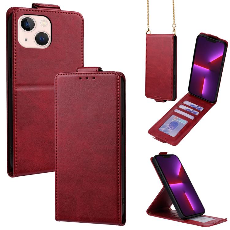 

For iPhone 13 mini Vertical Flip Cover Solid Color Vegan Leather Phone Case with Crossbody Chain(Red)