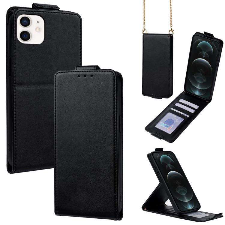 

For iPhone 12 / 12 Pro Vertical Flip Cover Solid Color Vegan Leather Phone Case with Crossbody Chain(Black)