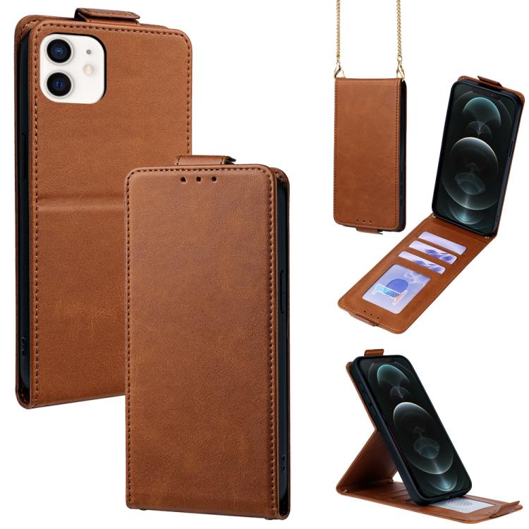 

For iPhone 12 / 12 Pro Vertical Flip Cover Solid Color Vegan Leather Phone Case with Crossbody Chain(Brown)