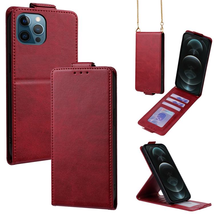 

For iPhone 12 Pro Max Vertical Flip Cover Solid Color Vegan Leather Phone Case with Crossbody Chain(Red)