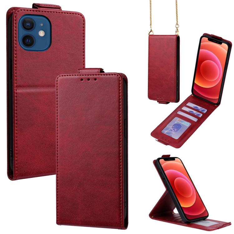 

For iPhone 12 mini Vertical Flip Cover Solid Color Vegan Leather Phone Case with Crossbody Chain(Red)