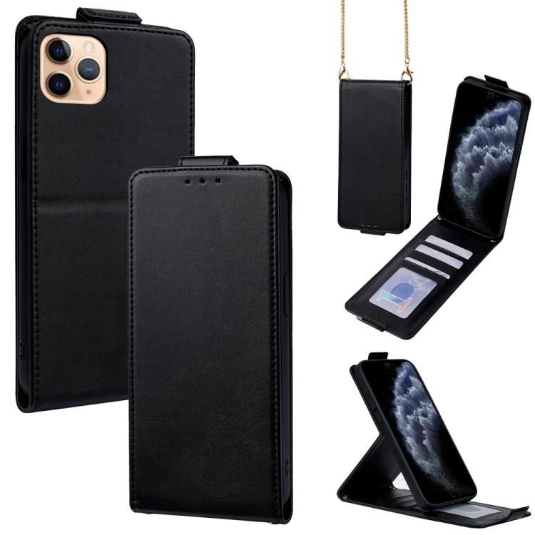 

For iPhone 11 Pro Max Vertical Flip Cover Solid Color Vegan Leather Phone Case with Crossbody Chain(Black)