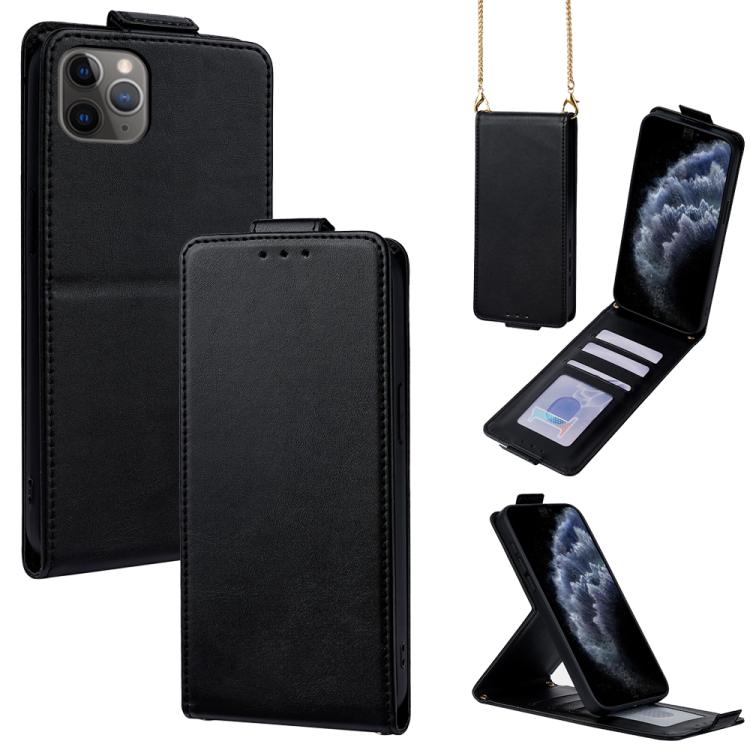 

For iPhone 11 Pro Vertical Flip Cover Solid Color Vegan Leather Phone Case with Crossbody Chain(Black)