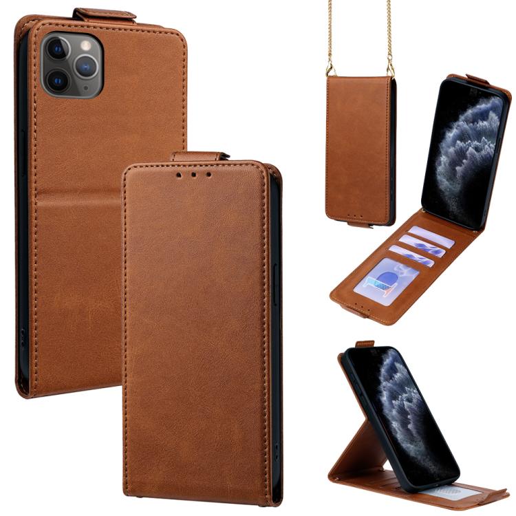 

For iPhone 11 Pro Vertical Flip Cover Solid Color Vegan Leather Phone Case with Crossbody Chain(Brown)