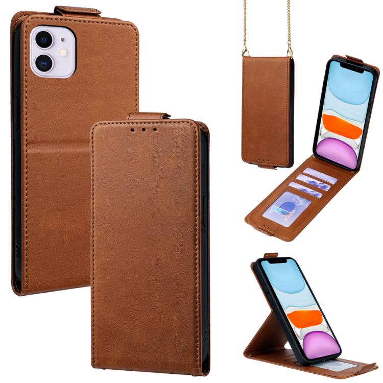 

For iPhone 11 Vertical Flip Cover Solid Color Vegan Leather Phone Case with Crossbody Chain(Brown)