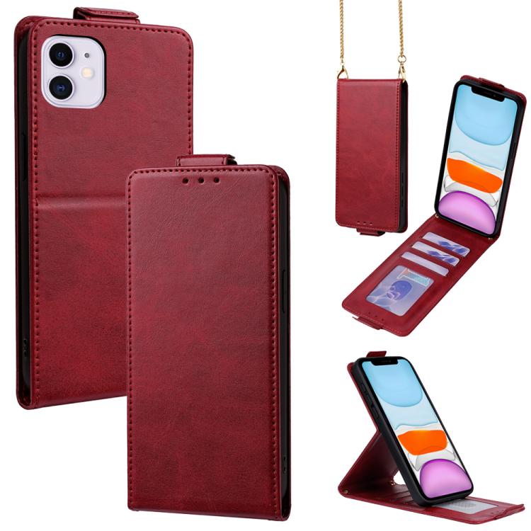 

For iPhone 11 Vertical Flip Cover Solid Color Vegan Leather Phone Case with Crossbody Chain(Red)