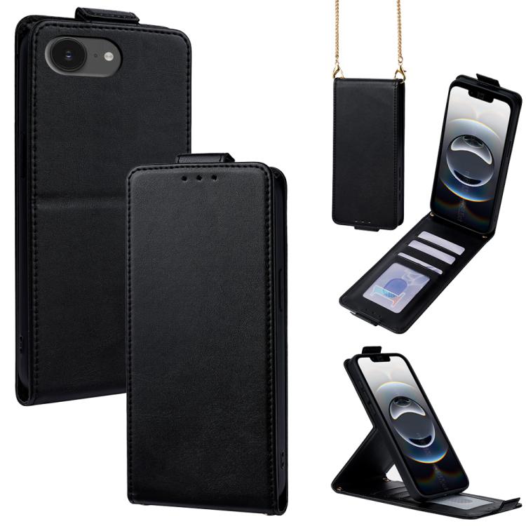 

For iPhone 17e / 16e Vertical Flip Cover Solid Color Vegan Leather Phone Case with Crossbody Chain(Black)