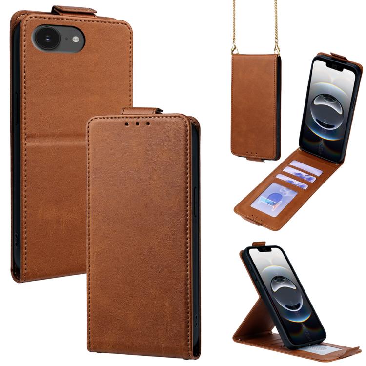 

For iPhone 16e Vertical Flip Cover Solid Color Vegan Leather Phone Case with Crossbody Chain(Brown)