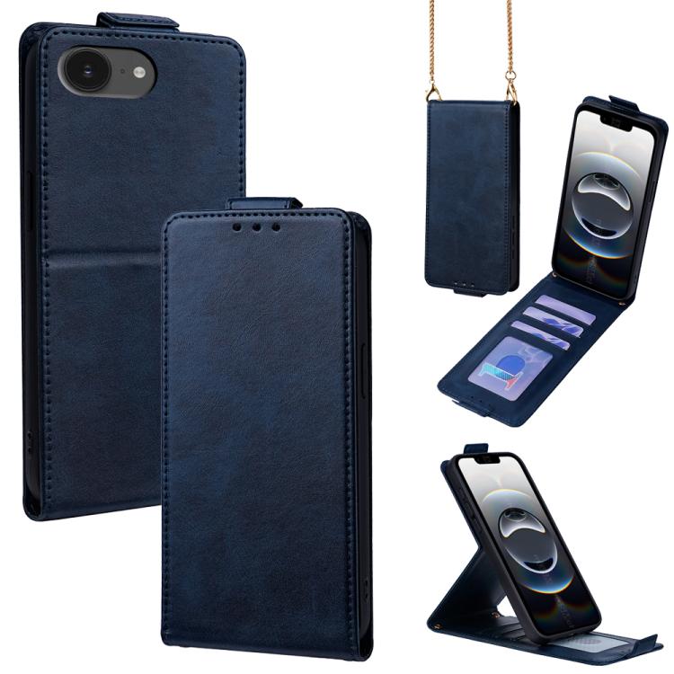 

For iPhone 16e Vertical Flip Cover Solid Color Vegan Leather Phone Case with Crossbody Chain(Blue)