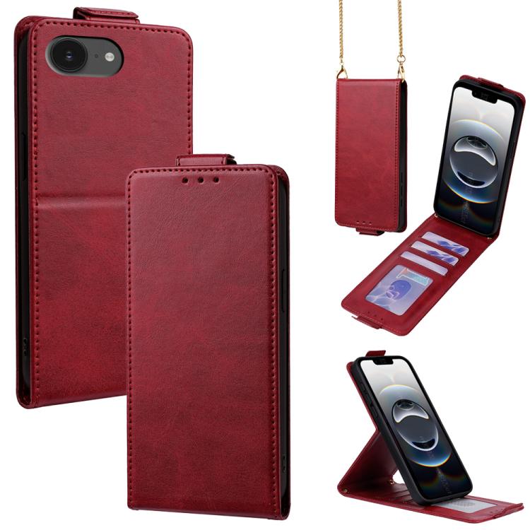 

For iPhone 16e Vertical Flip Cover Solid Color Vegan Leather Phone Case with Crossbody Chain(Red)