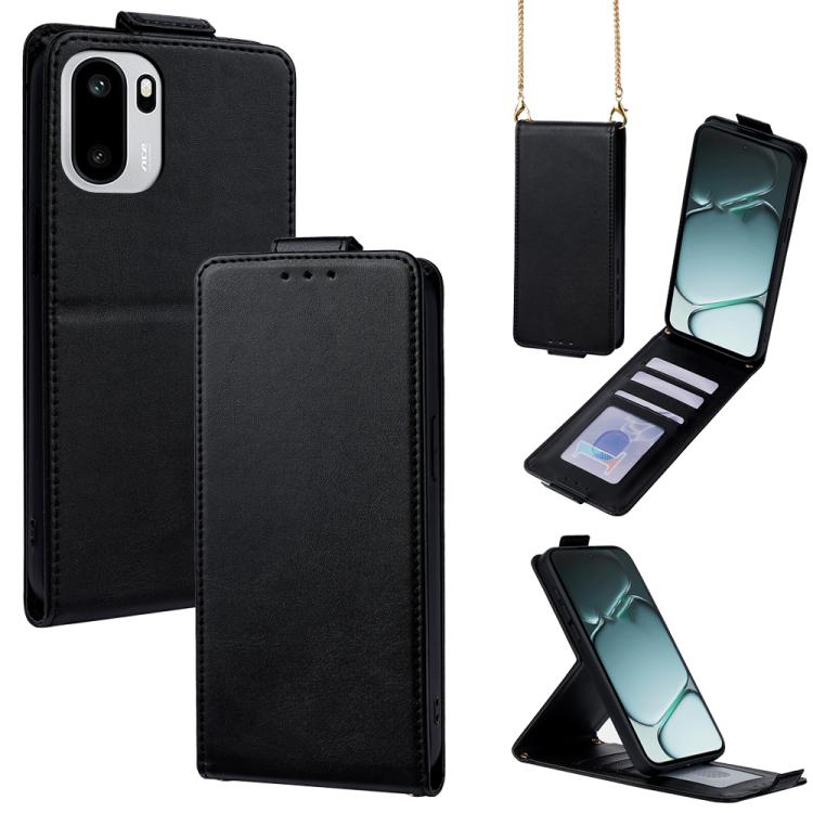 For OnePlus Ace 6 Vertical Flip Cover Solid Color Vegan Leather Phone Case with Crossbody Chain(Black)