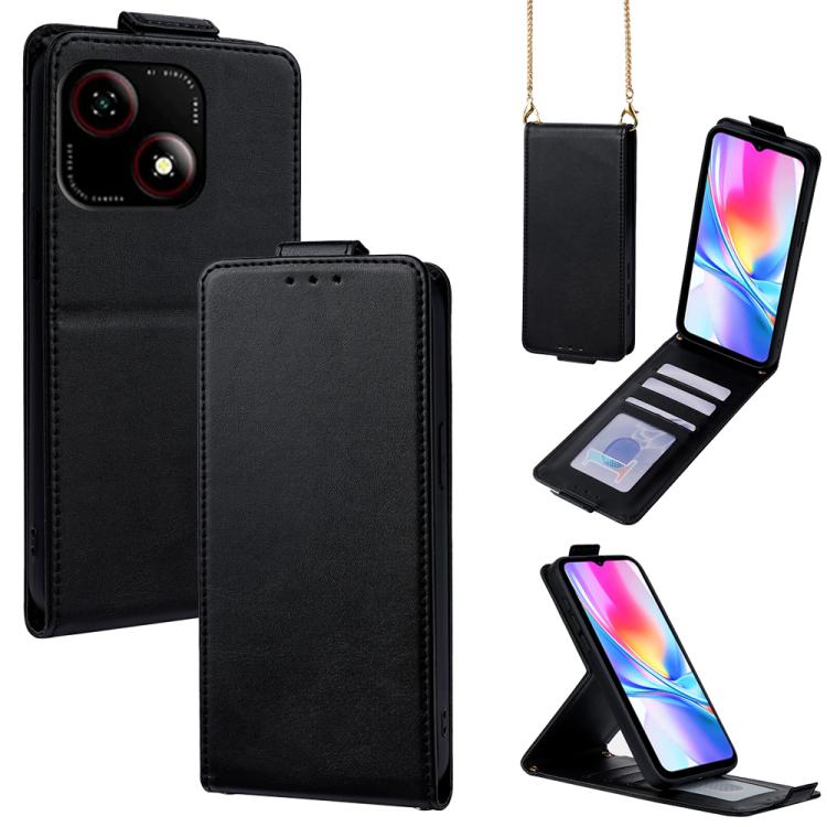 For ZTE Blade A35e 4G Vertical Flip Cover Solid Color Vegan Leather Phone Case with Crossbody Chain(Black)