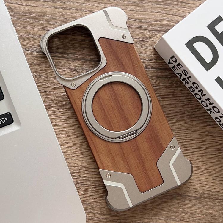 

For iPhone 15 Pro Max Armor Walnut Wood Metal Frameless 360 Rotation Holder Magnetic Phone Case(Primary Color)