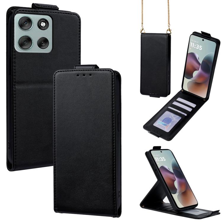 

For Motorola Moto G56 5G / G66y 5G Vertical Flip Cover Solid Color Vegan Leather Phone Case with Crossbody Chain(Black)