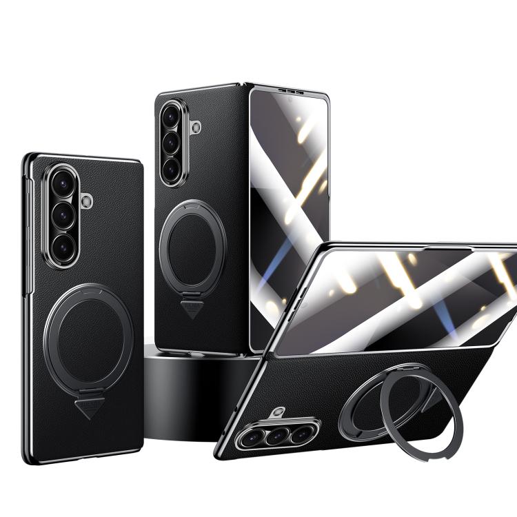 

For Samsung Galaxy Z Fold7 5G SULADA Rotating Magnetic Holder Shell Film Integrated Genuine Leather Phone Case(Black)