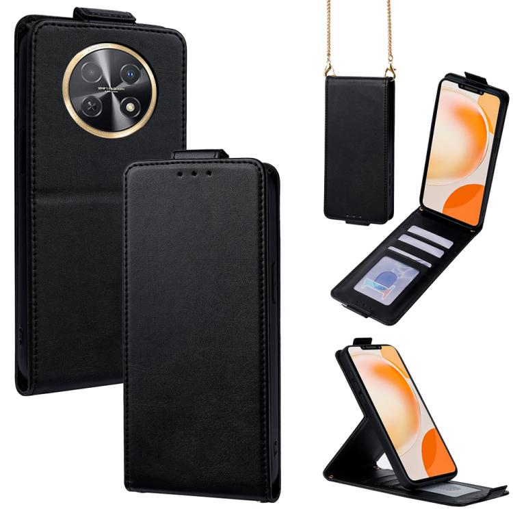 For Huawei Enjoy 60X / nova Y91 Vertical Flip Cover Solid Color Vegan Leather Phone Case with Crossbody Chain(Black)