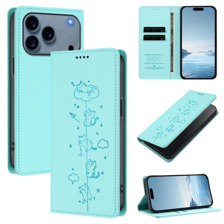 

For iPhone 17 Pro Max Cute Cats Embossed Magnetic RFID Vegan Leather Phone Case(Mint Green)