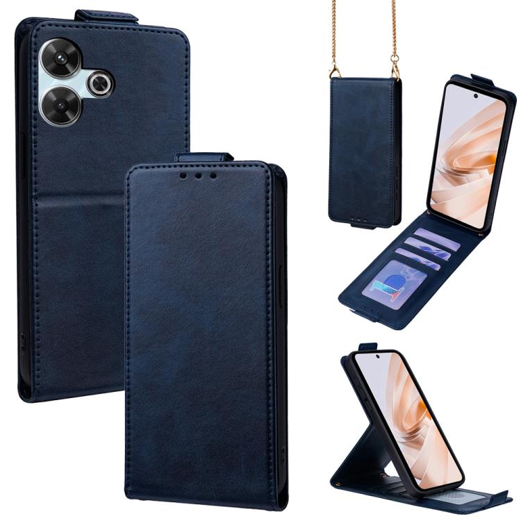 

For Redmi 13 4G Global / 13 5G Vertical Flip Cover Solid Color Vegan Leather Phone Case with Crossbody Chain(Blue)