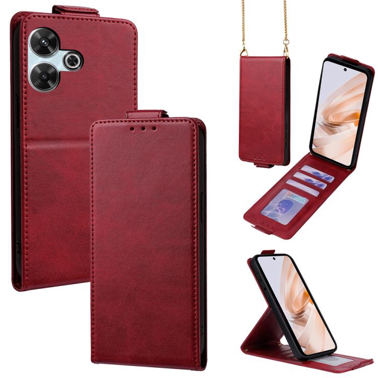 

For Redmi 13 4G Global / 13 5G Vertical Flip Cover Solid Color Vegan Leather Phone Case with Crossbody Chain(Red)