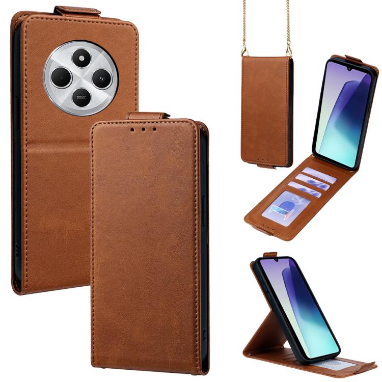 

For Redmi 14C 4G / 14R 5G Vertical Flip Cover Solid Color Vegan Leather Phone Case with Crossbody Chain(Brown)