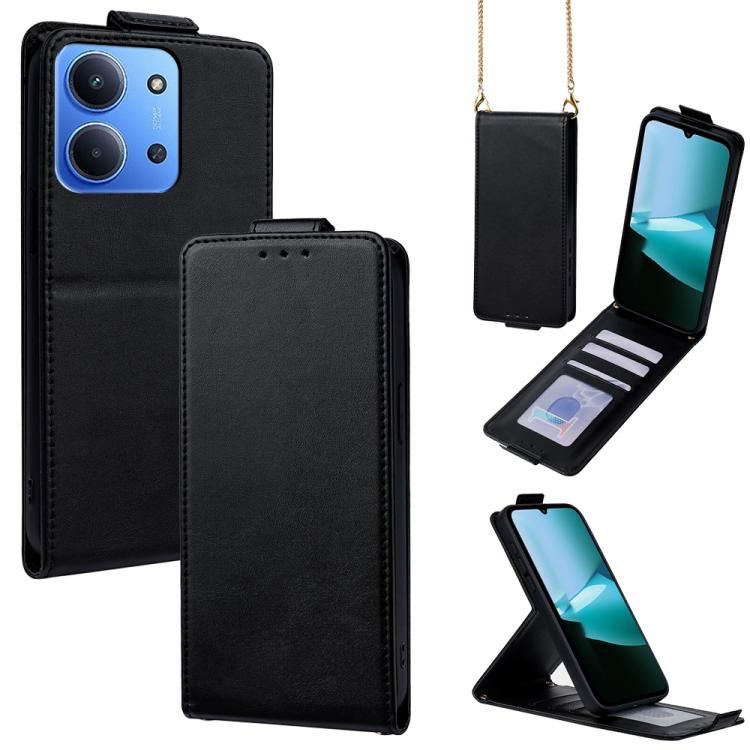 

For Redmi 15C 5G / 4G EU 173mm Vertical Flip Cover Solid Color Vegan Leather Phone Case with Crossbody Chain(Black)
