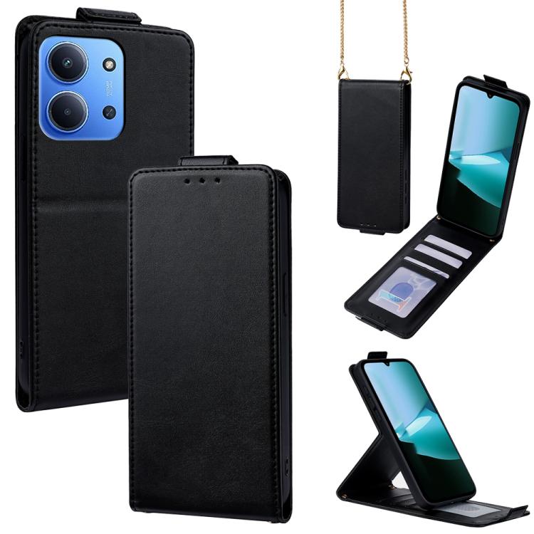 For Redmi 15C 4G / 15C 5G 171mm Vertical Flip Cover Solid Color Vegan Leather Phone Case with Crossbody Chain(Black)