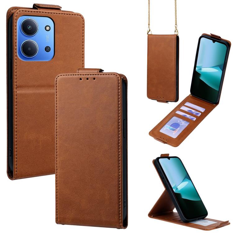 

For Redmi 15C 4G / 15C 5G 171mm Vertical Flip Cover Solid Color Vegan Leather Phone Case with Crossbody Chain(Brown)