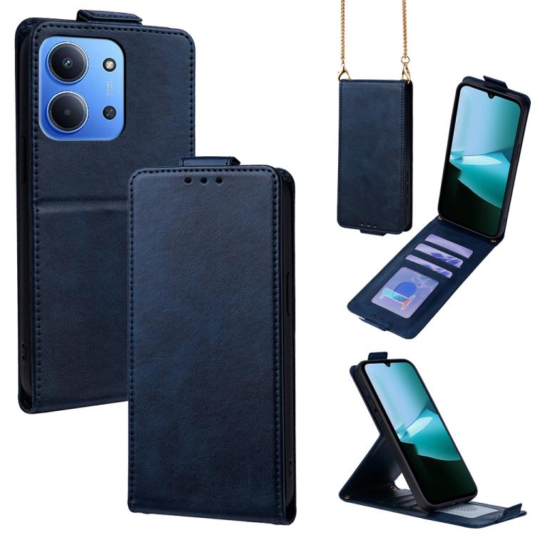 

For Redmi 15C 4G / 15C 5G 171mm Vertical Flip Cover Solid Color Vegan Leather Phone Case with Crossbody Chain(Blue)
