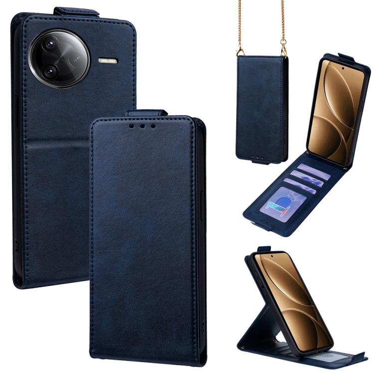 For Redmi K80 / K80 Pro Vertical Flip Cover Solid Color Vegan Leather Phone Case with Crossbody Chain(Blue)