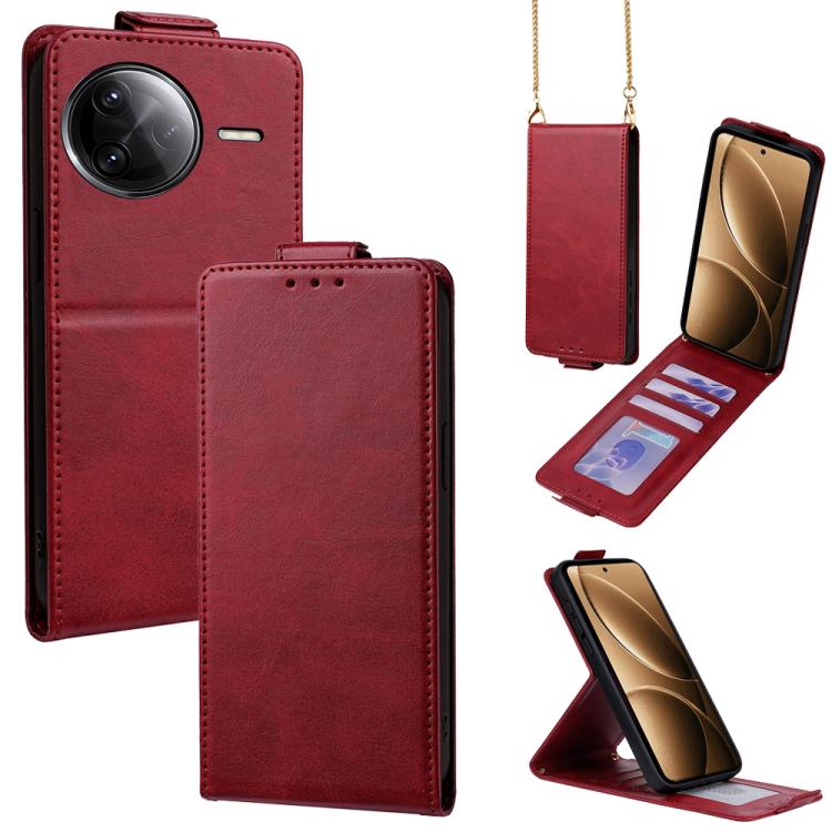 

For Redmi K80 / K80 Pro Vertical Flip Cover Solid Color Vegan Leather Phone Case with Crossbody Chain(Red)