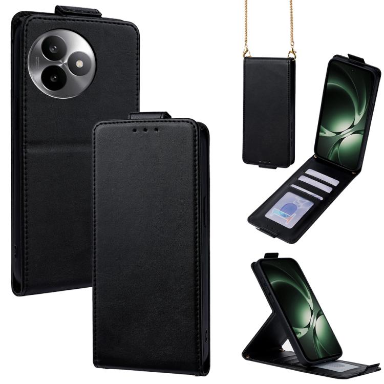 

For Redmi K80 Ultra Vertical Flip Cover Solid Color Vegan Leather Phone Case with Crossbody Chain(Black)