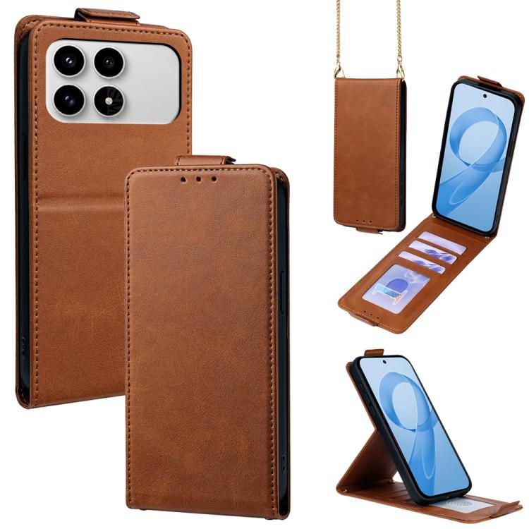 For Redmi K90 5G Vertical Flip Cover Solid Color Vegan Leather Phone Case with Crossbody Chain(Brown)