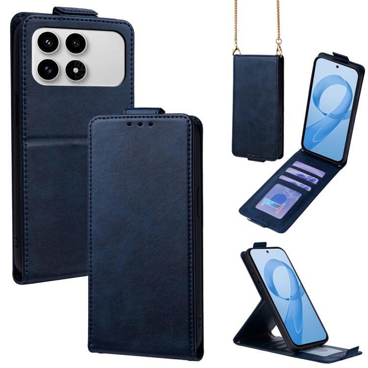 

For Redmi K90 5G Vertical Flip Cover Solid Color Vegan Leather Phone Case with Crossbody Chain(Blue)