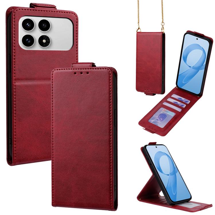 

For Redmi K90 5G Vertical Flip Cover Solid Color Vegan Leather Phone Case with Crossbody Chain(Red)