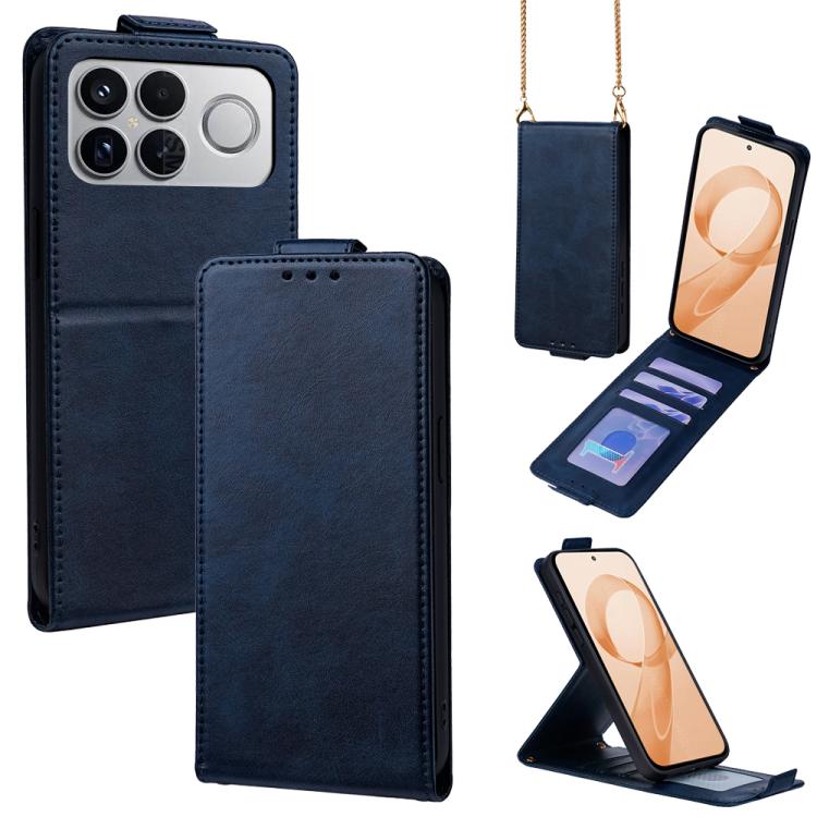 

For Redmi K90 Pro Max 5G Vertical Flip Cover Solid Color Vegan Leather Phone Case with Crossbody Chain(Blue)