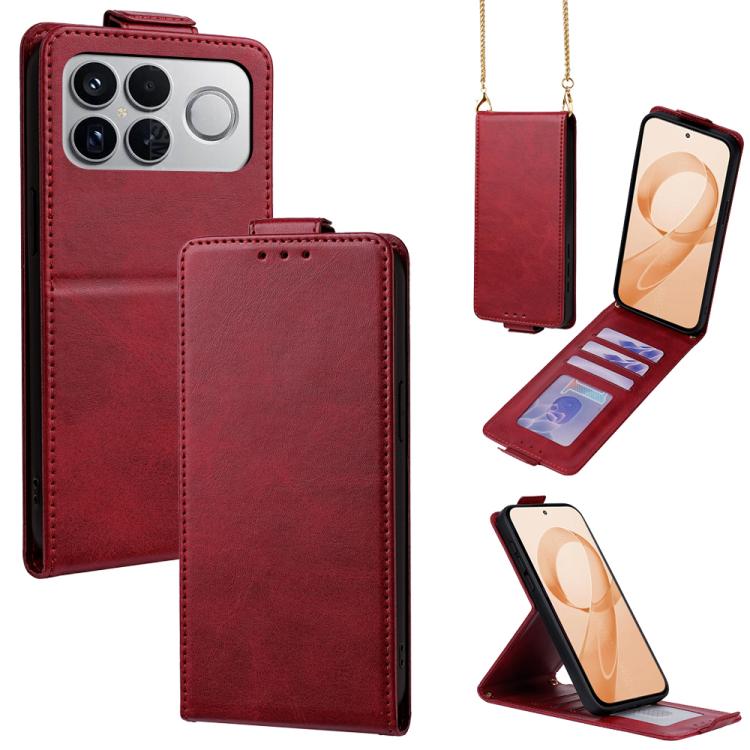 

For Redmi K90 Pro Max 5G Vertical Flip Cover Solid Color Vegan Leather Phone Case with Crossbody Chain(Red)