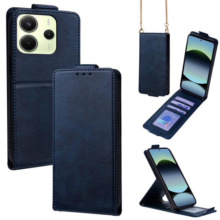 

For Redmi Note 14 4G 163.25mm Global Vertical Flip Cover Solid Color Vegan Leather Phone Case with Crossbody Chain(Blue)