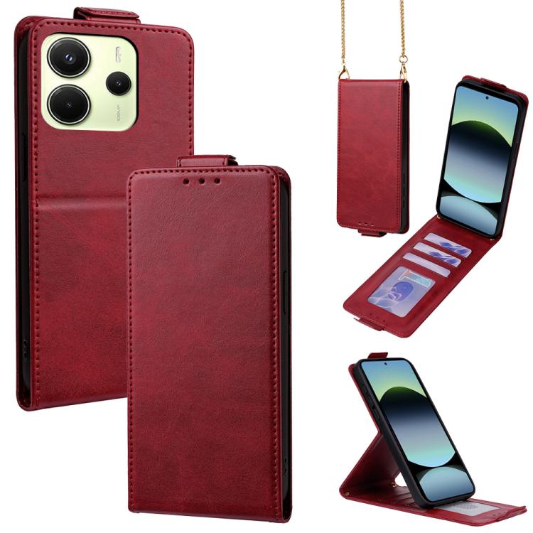 

For Redmi Note 14 4G 163.25mm Global Vertical Flip Cover Solid Color Vegan Leather Phone Case with Crossbody Chain(Red)