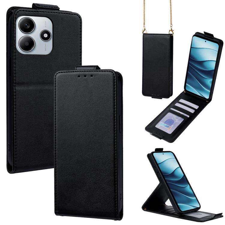 

For Redmi Note 14 5G Global Vertical Flip Cover Solid Color Vegan Leather Phone Case with Crossbody Chain(Black)