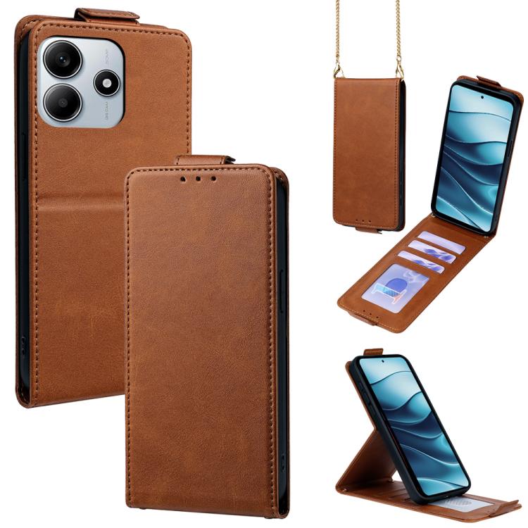 

For Redmi Note 14 5G Global Vertical Flip Cover Solid Color Vegan Leather Phone Case with Crossbody Chain(Brown)