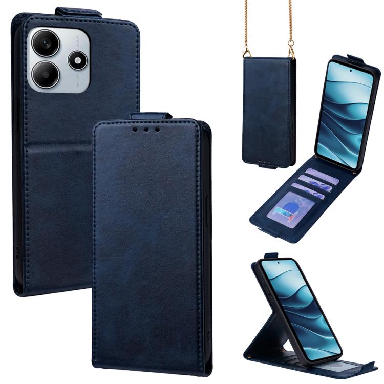 

For Redmi Note 14 5G Global Vertical Flip Cover Solid Color Vegan Leather Phone Case with Crossbody Chain(Blue)