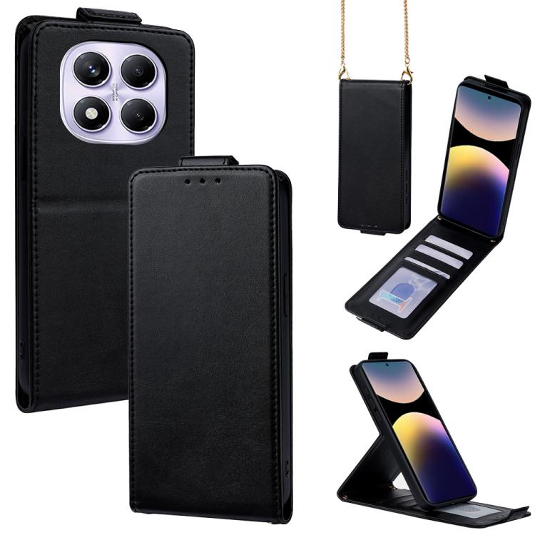 

For Redmi Note 14 Pro 4G Vertical Flip Cover Solid Color Vegan Leather Phone Case with Crossbody Chain(Black)