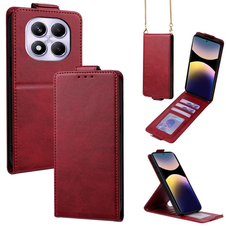 

For Redmi Note 14 Pro 4G Vertical Flip Cover Solid Color Vegan Leather Phone Case with Crossbody Chain(Red)
