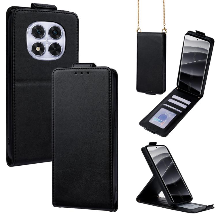 

For Redmi Note 14 Pro 5G Global Vertical Flip Cover Solid Color Vegan Leather Phone Case with Crossbody Chain(Black)