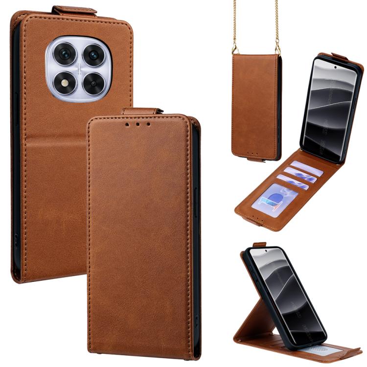 

For Redmi Note 14 Pro 5G Global Vertical Flip Cover Solid Color Vegan Leather Phone Case with Crossbody Chain(Brown)